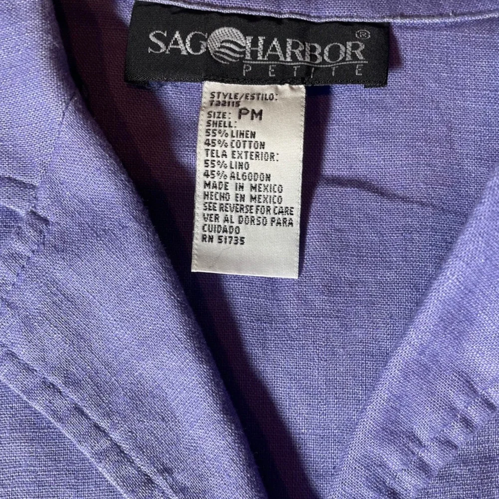 VTG Petite M Periwinkle Linen Blend Embroidered‎ Shirt and Pants Set Coastal Y2K